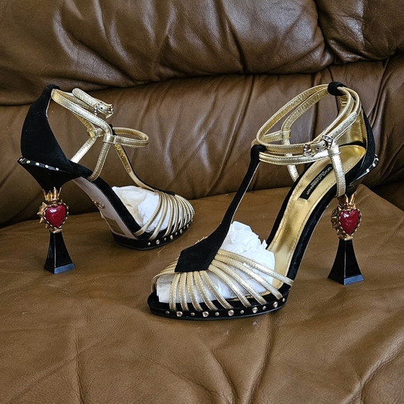 Dolce & Gabbana Black Suede Metallic Gold Leather Luxury Heels Size 8 US (MINT) - Picture 3 of 16